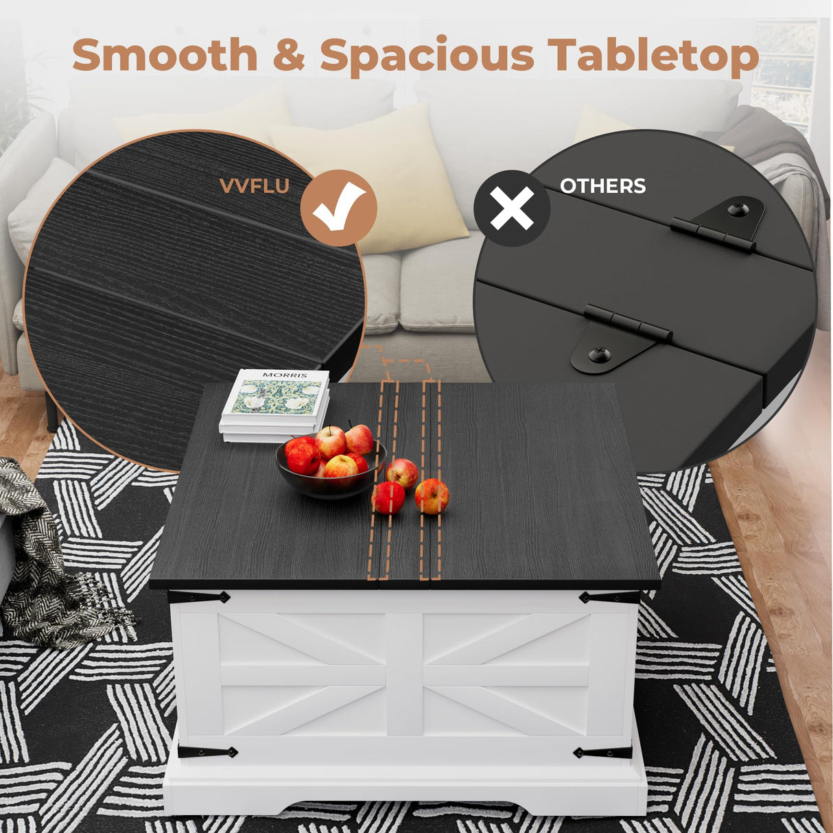 Farmhouse Coffee Table with Storage, Square Center Table for Living Room, Rustic