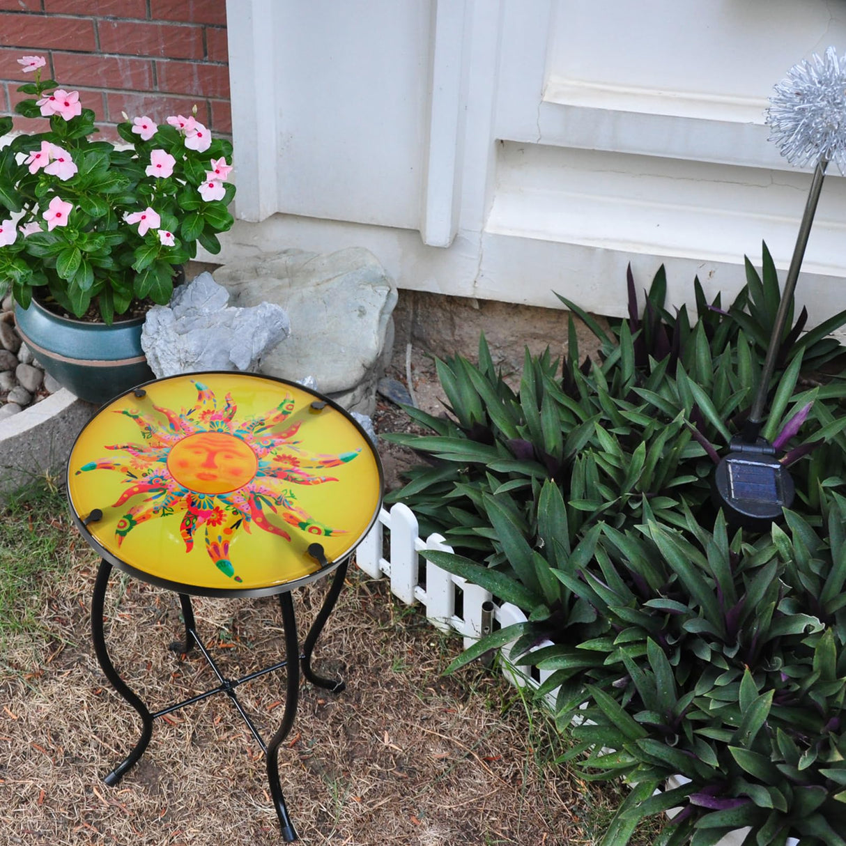 wotieuns Patio Side Table Outdoor Metal Accent Table Round Glass Balcony Plant End Table Garden Lawn Indoor Coffee Table - Bircata