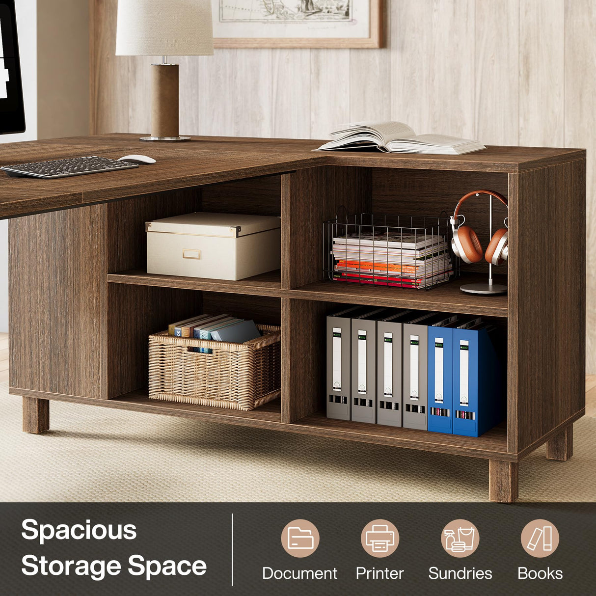 63-Inch L-Shaped Executive Desk, Large Office Desk with Storage Cabinet Shelves, L