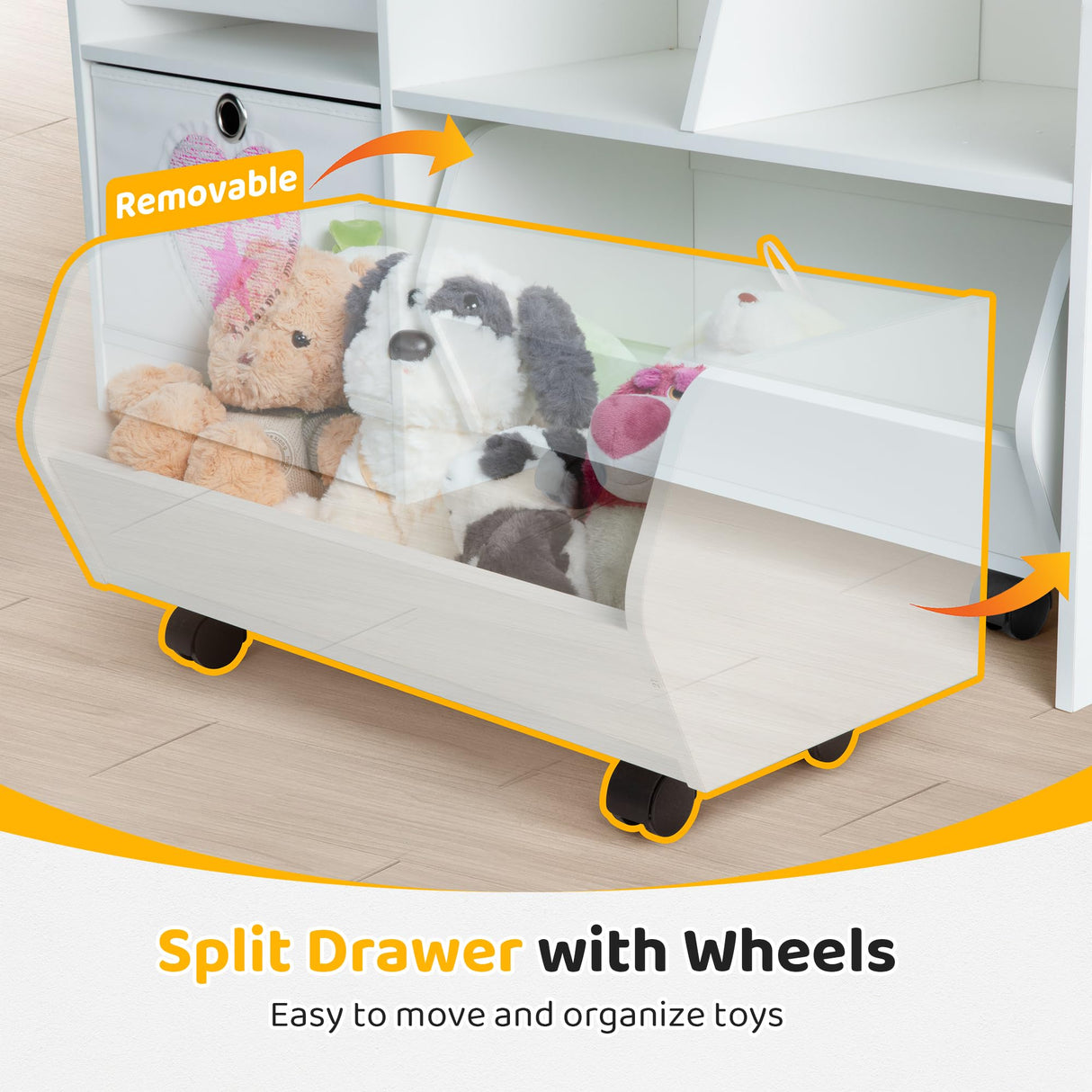 KOLIGEY Kids Bookshelf and Toy Organizer, 5-Cubby Toy Storage Cabinet with 4 Tier Wooden Bookcase, 1 Removable Toy Cabinet with Wheels for Bedroom, Living Room, Playroom, Nursery, Classroom