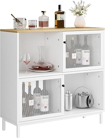 Sideboard Cabinet, Rattan Kitchen Buffet Storage Cabinet with Sliding Door