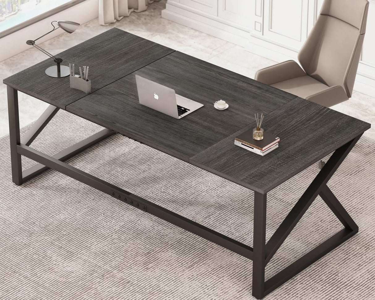 Long Desks for Home Office, Large Metal Wooden Computer Desk for 2 Monitors