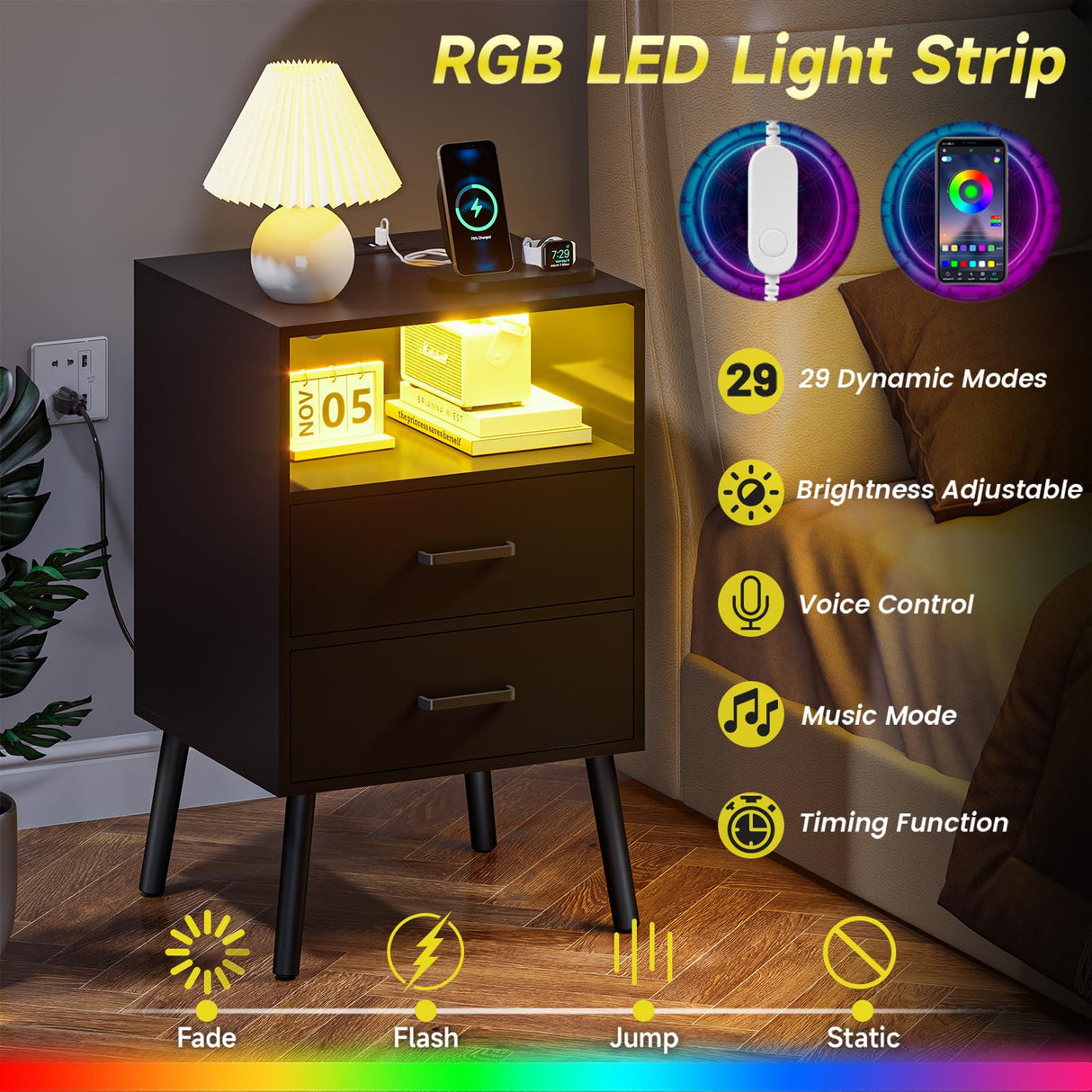 Nightstand with Charging Station and LED Lights, Night Stand with Drawers and Open