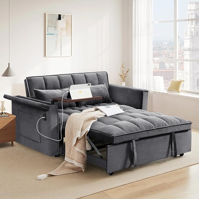 3-in-1 Convertible Pull Out Sofa Bed with USB Charging - Tufted Velvet Loveseat Sleeper Couch
