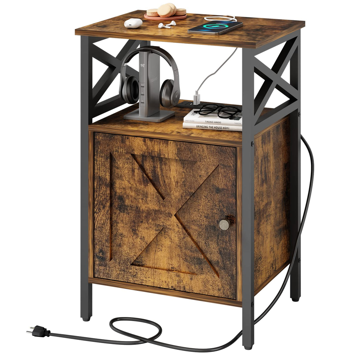 Side Table with Charging Station, End Table with Power Outlet & USB Ports, Nightstand