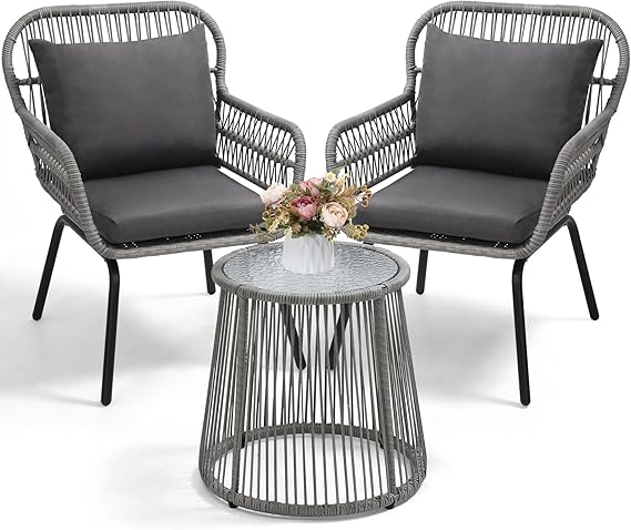 3-Piece Rattan Wicker Bistro Set with Glass Top Table - Space-Saving Outdoor Patio Furniture