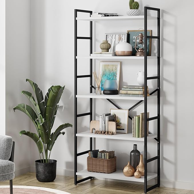 2 Pieces 5 Tiers Bookshelf, Classically Tall Bookcase Shelf, Industrial Book Rack