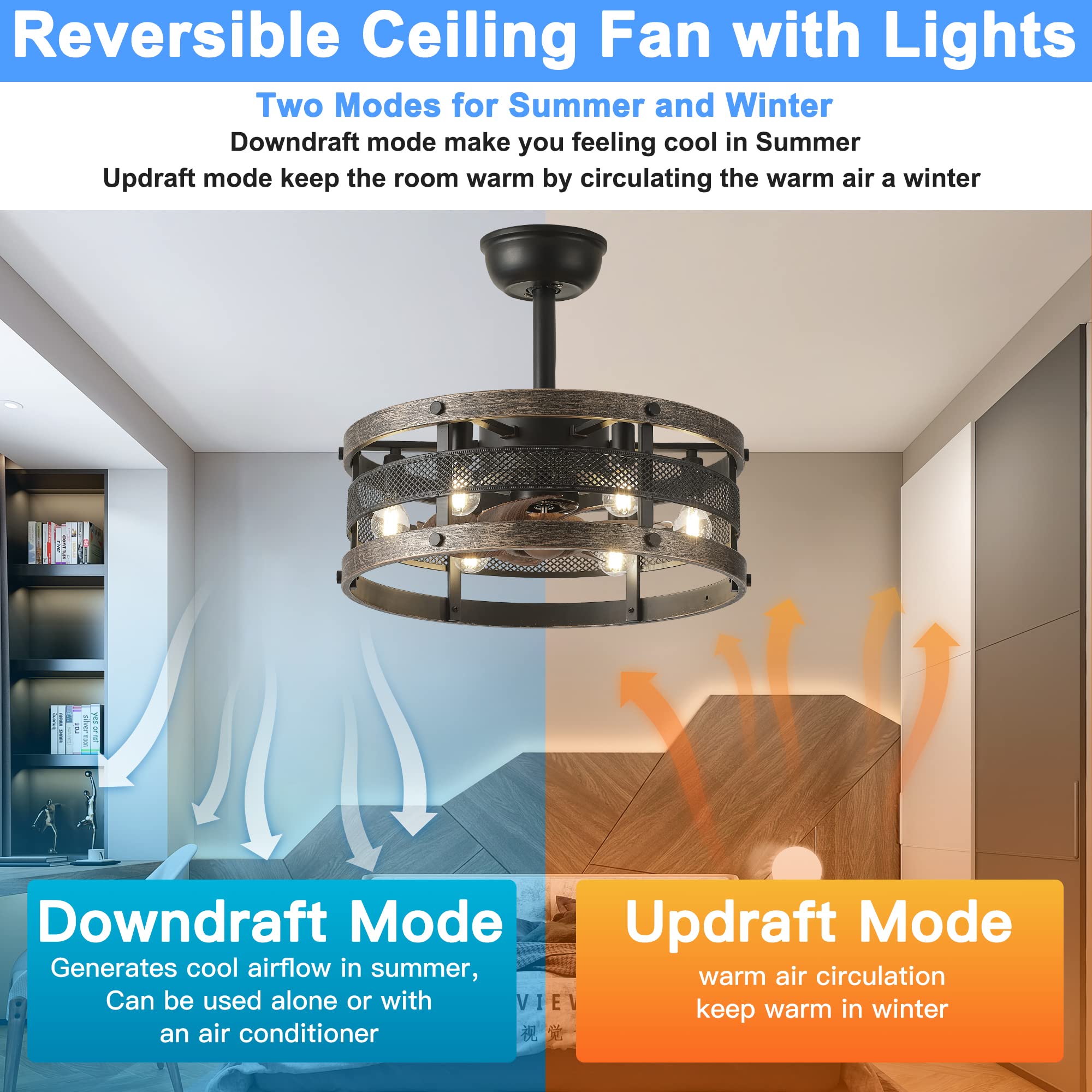 Caged Ceiling Fan with Lights and Remote,19'' Black Industrial Ceiling Fan