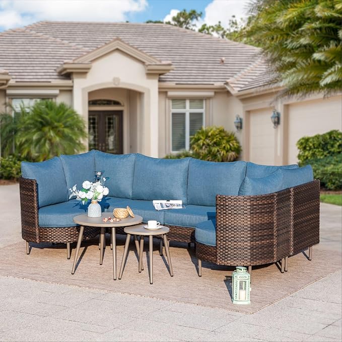 6 Piece Patio Furniture Set, L-Shaped Outdoor Sectional Wicker Patio Furniture