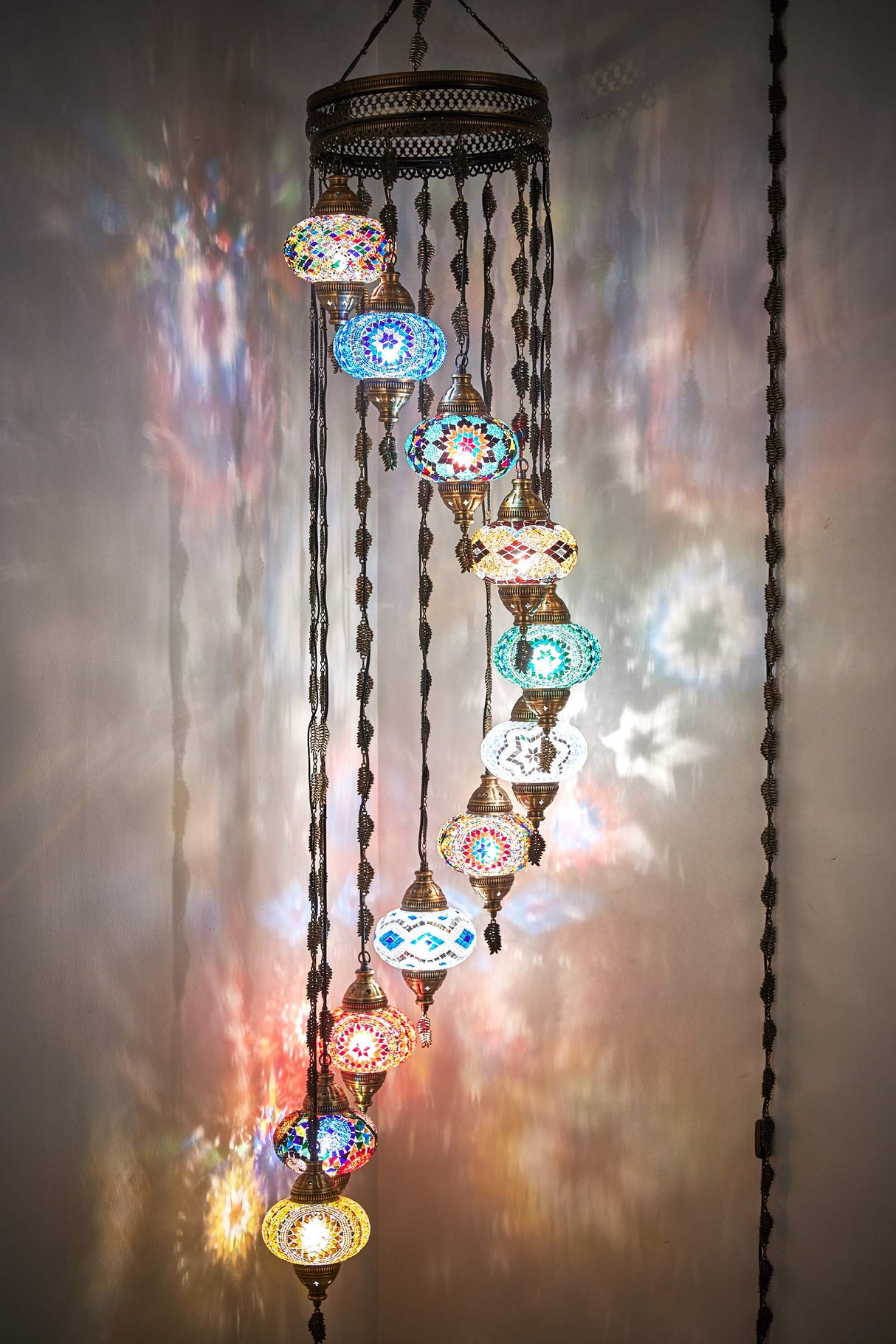 11 Globes Plug-in Raindrop Spiral Turkish Moroccan Mosaic Chandelier | Bohemian Lighting