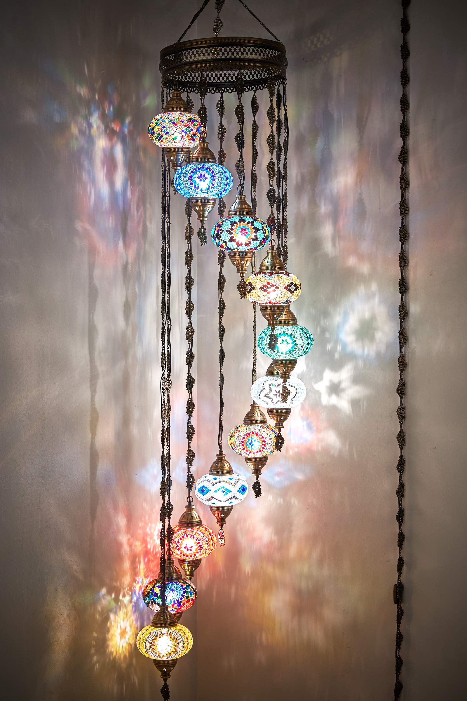 11 Globes Plug-in Raindrop Spiral Turkish Moroccan Mosaic Chandelier | Bohemian Lighting