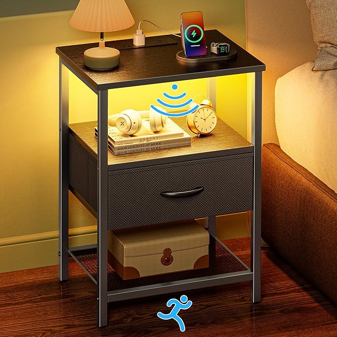 LED Nightstand with Motion Sensor Light and Charging Station, Night Stand with Nightlight