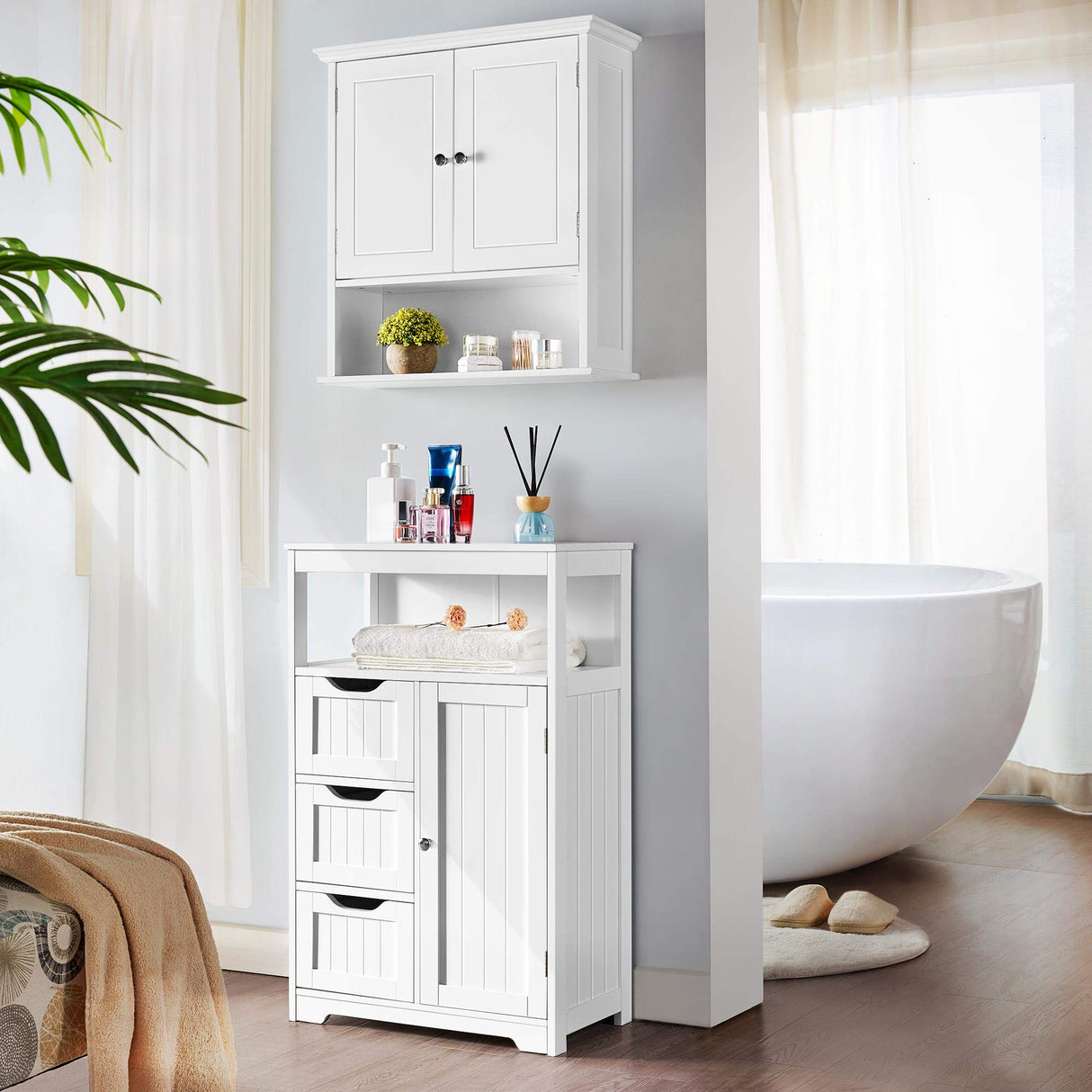 Bathroom Floor Cabinet Wooden Storage Organizer with 1 Door and 3 Drawers, Free-Standing Cupboard
