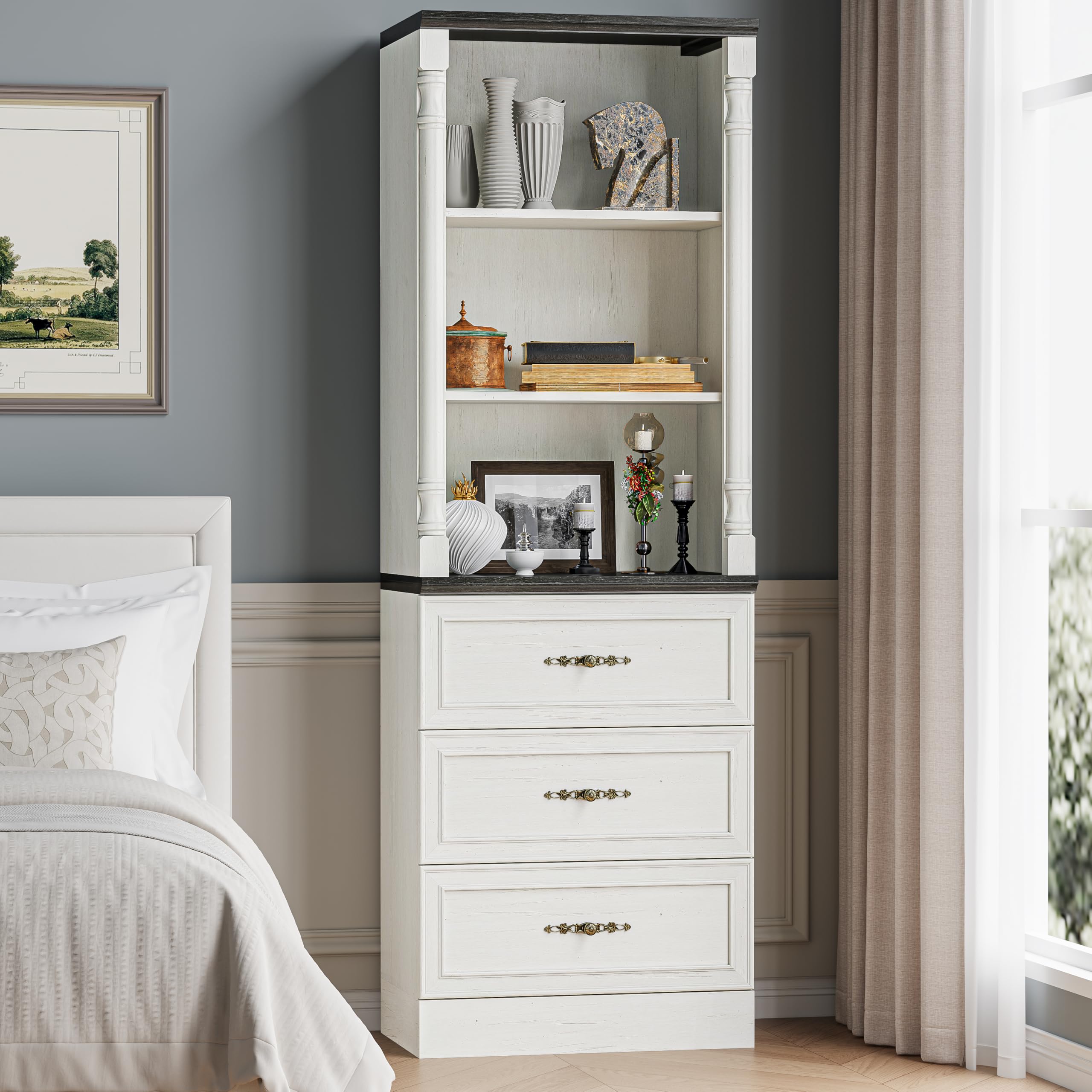 Bookcase with Drawers, 71 Inch Tall Storage Cabinet with 3 Drawers and 3-Tier Open