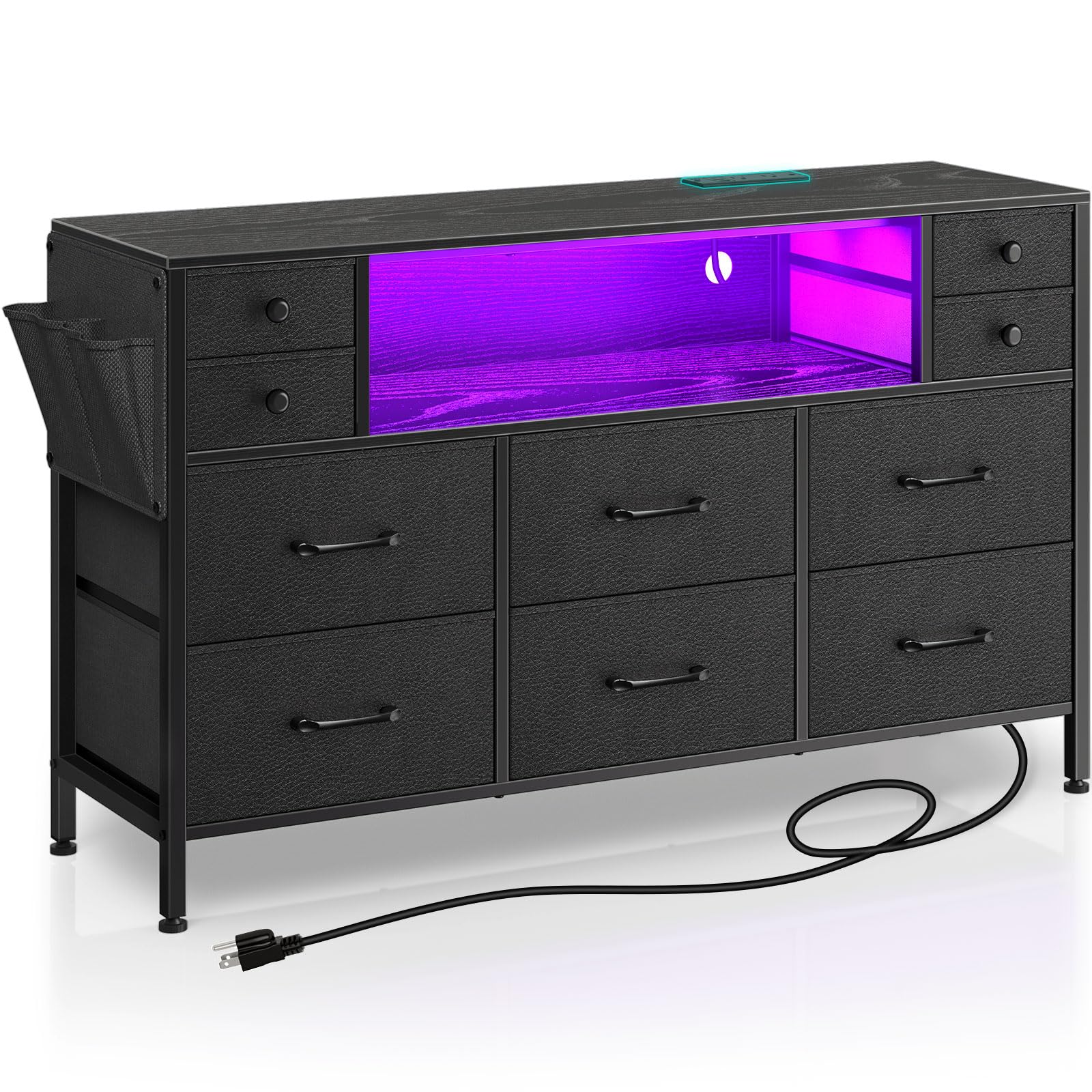 Dresser with Power Outlets and LED Lights, 10 Drawers Dresser