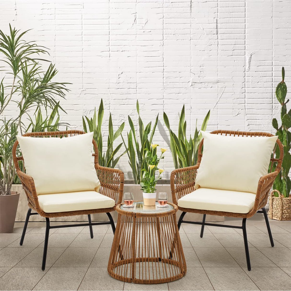 3-Piece Patio Conversation Bistro Set, Outdoor All-Weather Wicker Balcony Furniture