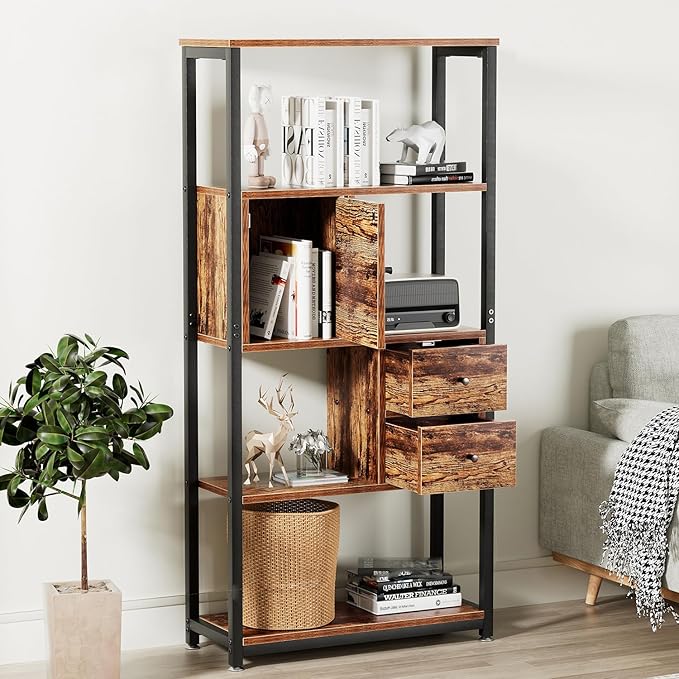 Bookshelf,4-Tier Book Shelves with 2 Storage Drawers and 1 Cabinet, Metal Frame Open BookcaseStanding Shelf Unit for Living Room, Home Office