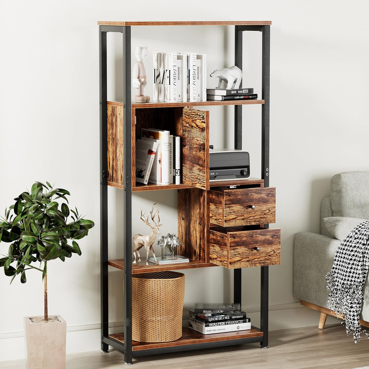 Bookshelf,4-Tier Book Shelves with 2 Storage Drawers and 1 Cabinet, Metal Frame Open BookcaseStanding Shelf Unit for Living Room, Home Office