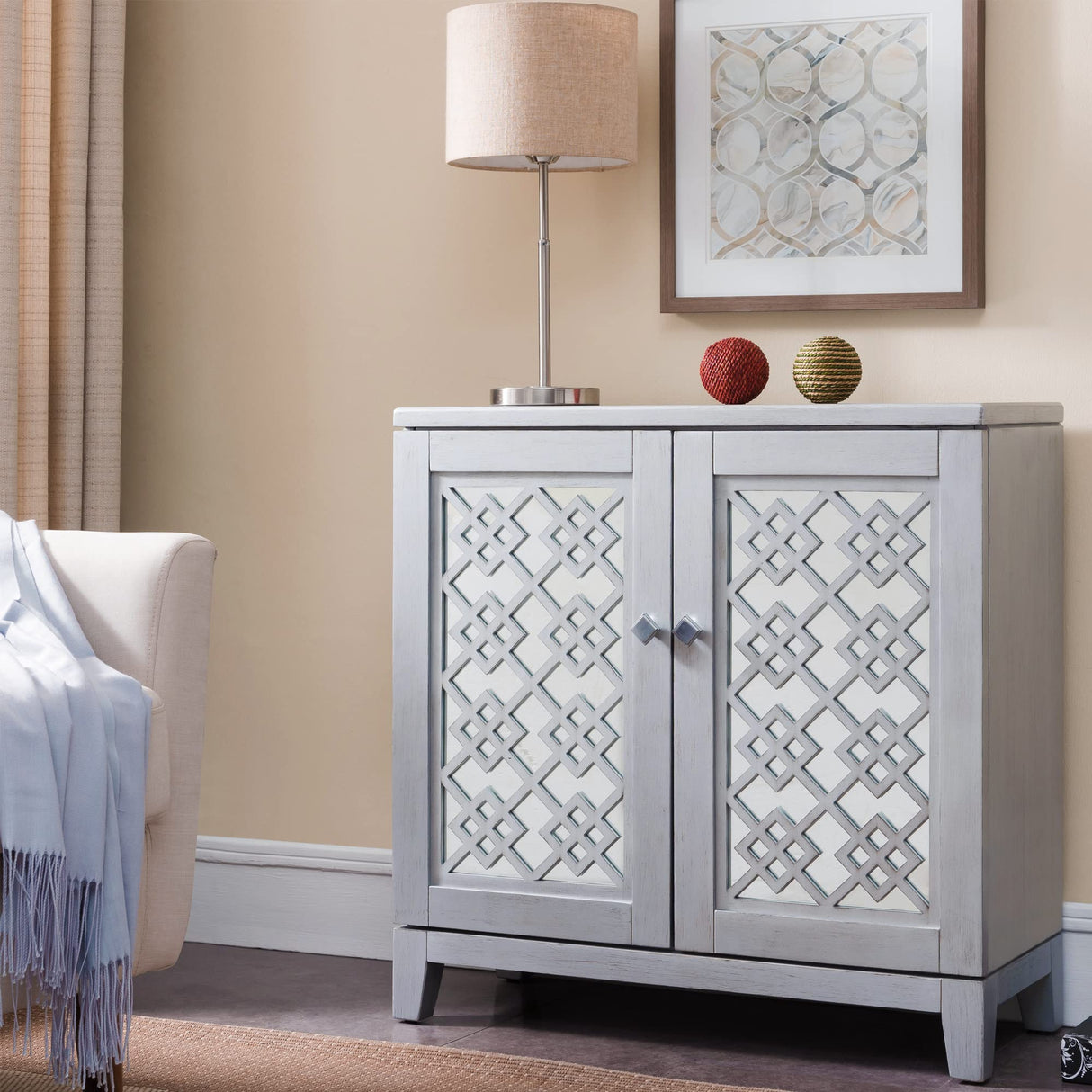 Mirrored Diamond Filigree Hall Console Cabinet
