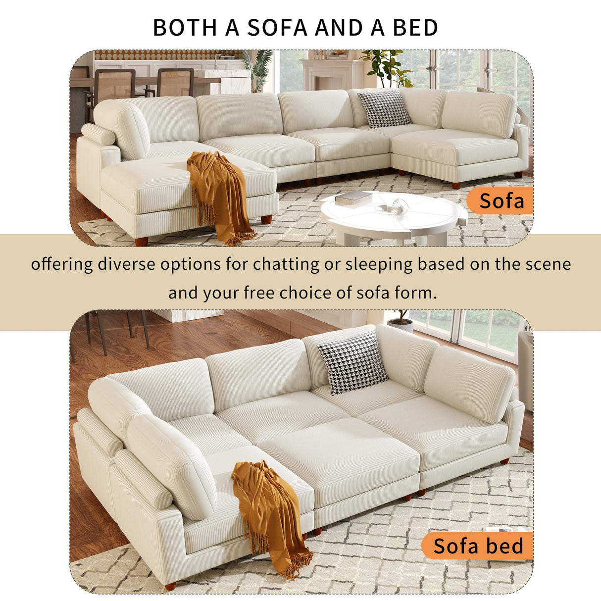 Jintop 163" Modular Sectional Sofa,L-Shape Convertible Corner Couch with Ottoman,6-Seater Sleeper Sofa-Bed w/Wooden Legs,Living Room Furniture for Apartment,Office,Beige