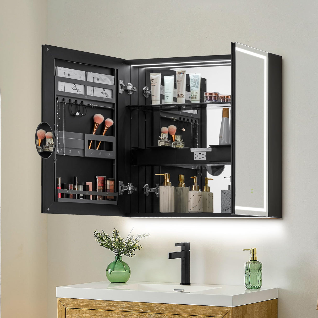 Hesili 32" Surface-Mount LED Lighted Black Aluminum Mirror Medicine Cabinet