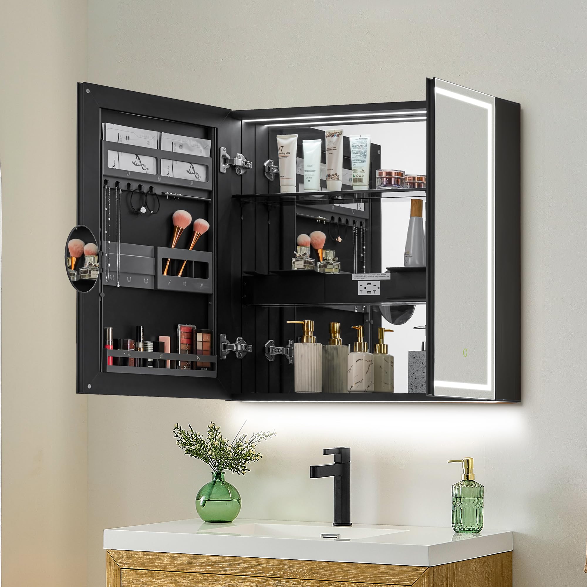 Hesili 32" Surface-Mount LED Lighted Black Aluminum Mirror Medicine Cabinet