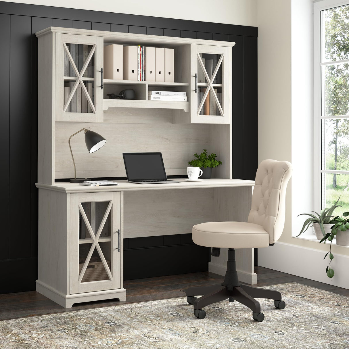 Lennox Farmhouse Desk with Hutch and Storage Cabinet | Computer Table for Home
