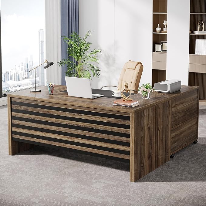 62.2" Executive Desk with Mobile File Cabinet, L-Shaped Office Desk with Storage Shelves