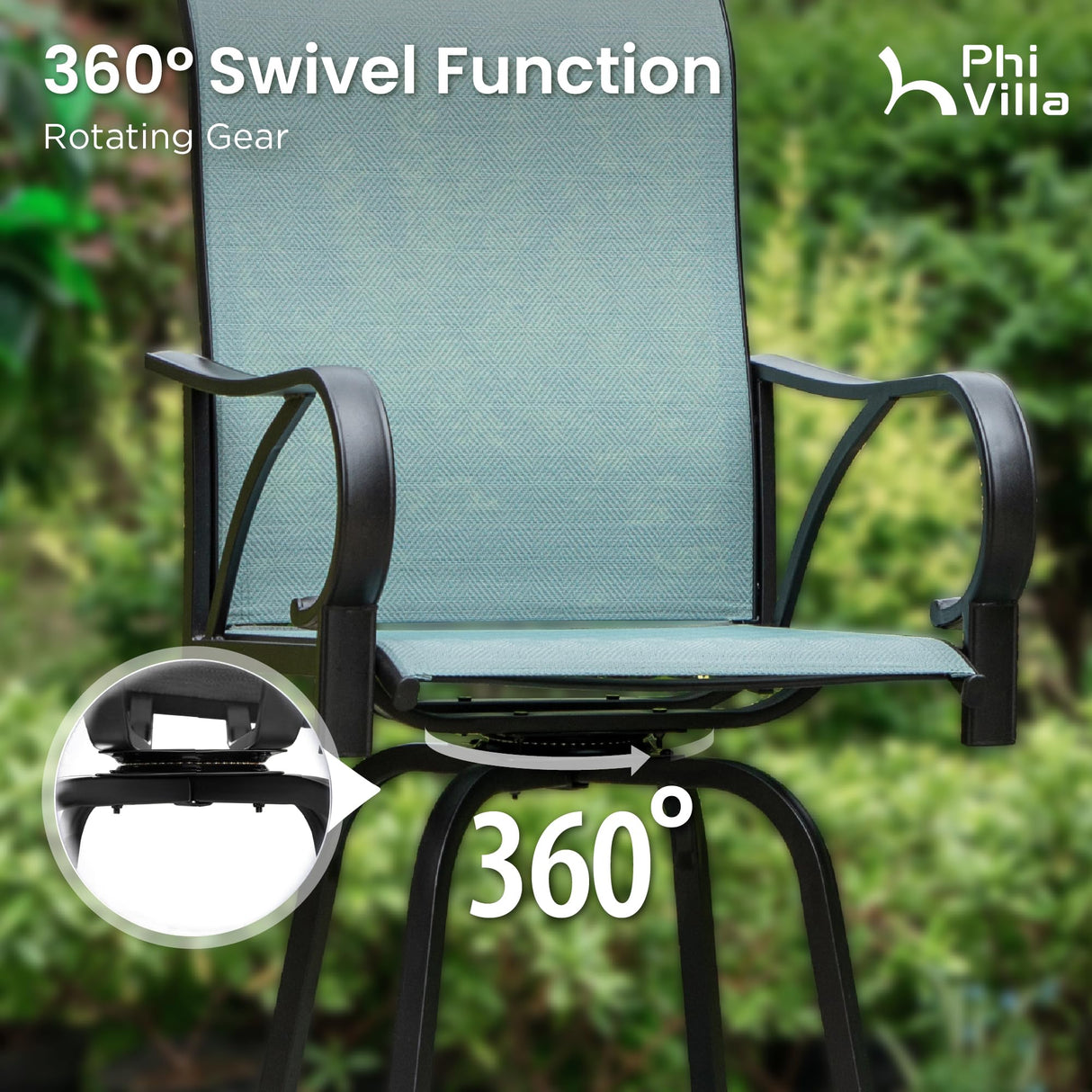 PHI VILLA 5 Piece Outdoor Bar Set, High Top Patio Bistro Bar Table and 4 Outdoor Swivel Bar Stools Chairs with Teal Textilene Fabric for Outside, Balcony, Garden and Yard