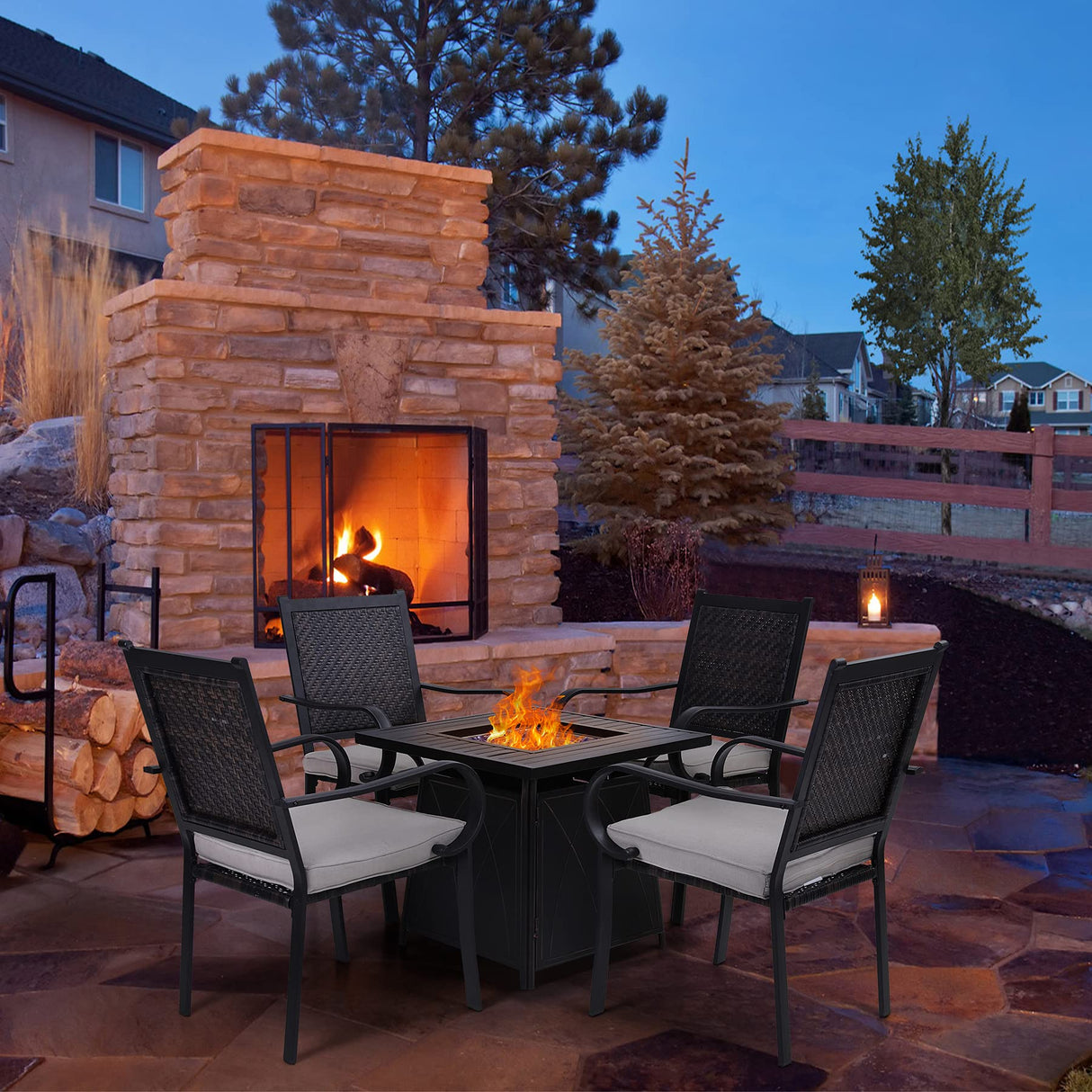 Gas Fire Pit Table Set 5 Pieces Outdoor Rattan Dining Set Patio Furniture 28" Propane