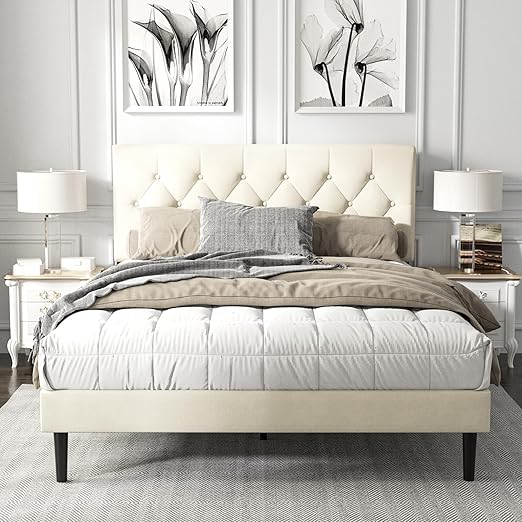 Queen Size Platform Bed Frame with Upholstered Button Tufted Headboard