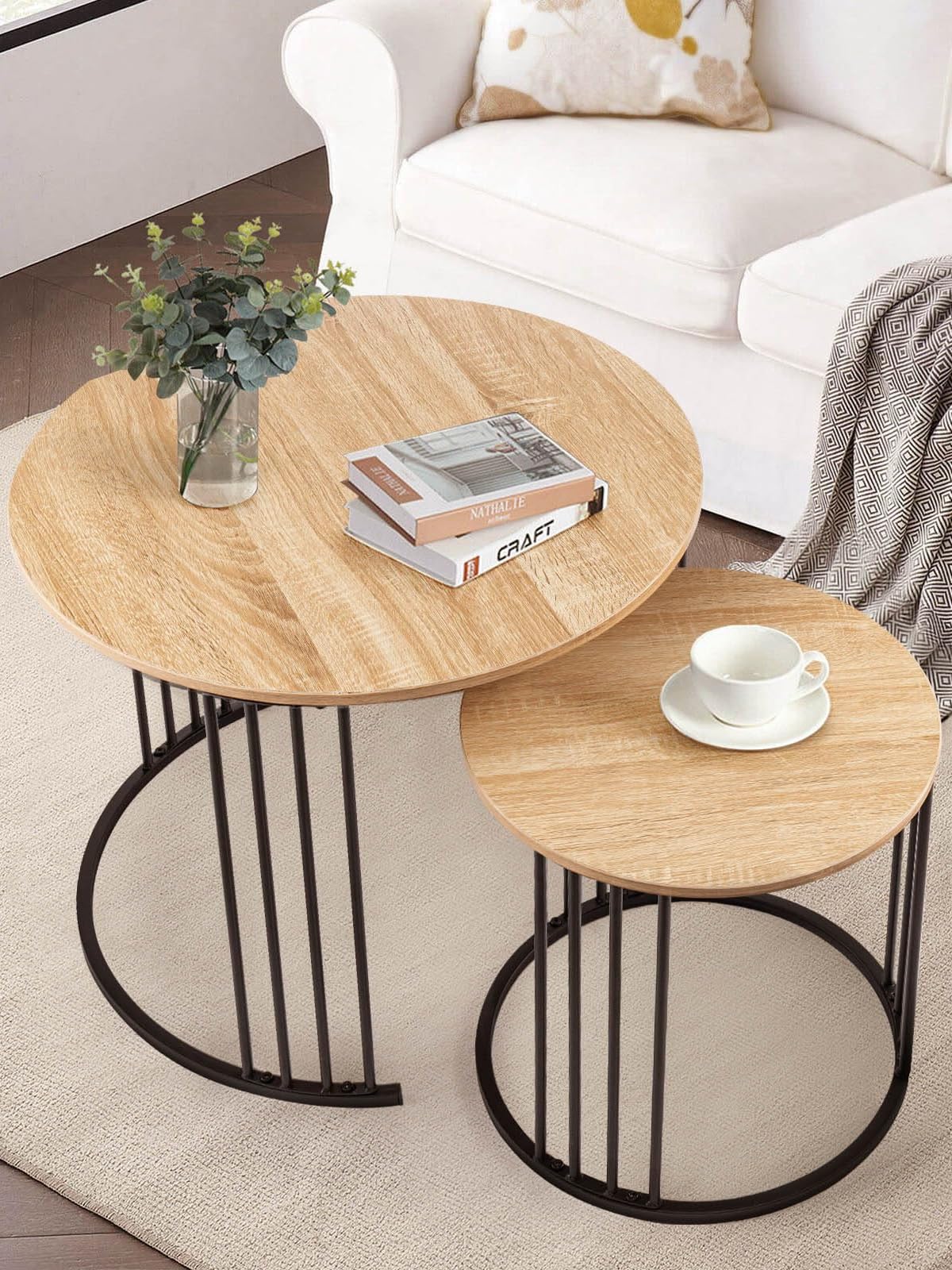 Nesting Coffee Table Set of 2, Round Table, Morden End Side Table Night Stand