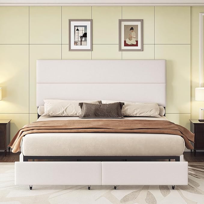 Full Bed Frame with 2 Storage Drawers and Adjustable Headboard, Upholstered Bed Frame