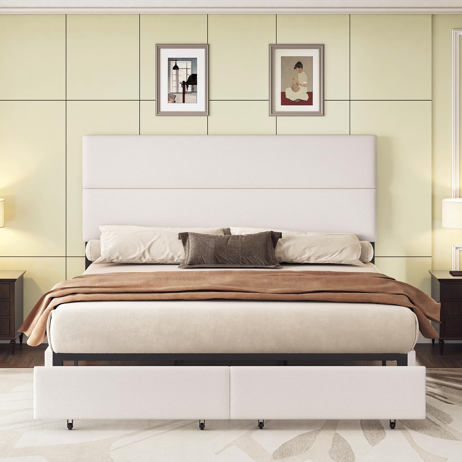 Full Bed Frame with 2 Storage Drawers and Adjustable Headboard, Upholstered Bed Frame