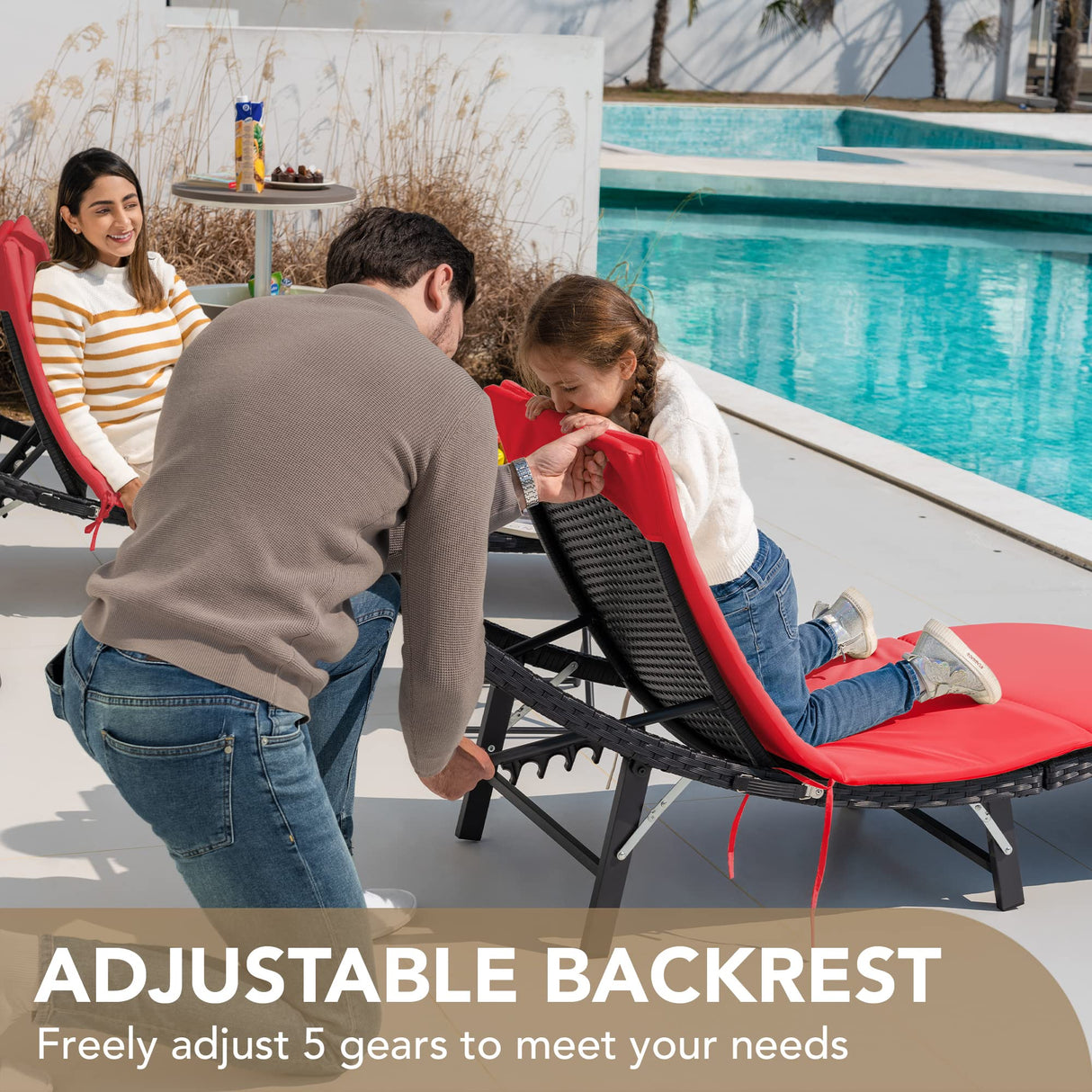 Furniture 3 Pieces Cushioned Rattan Chaise Lounge Sets (Red, Outdoor, Adjustable Back