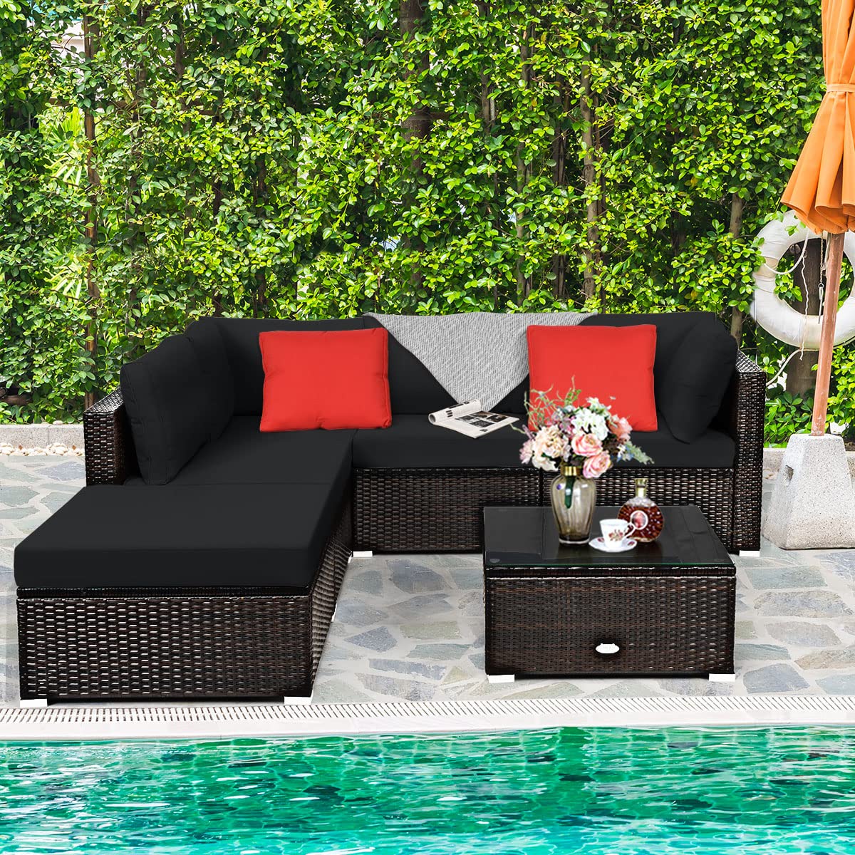 6 Piece Patio Furniture Set - Outdoor Sectional Sofa with Coffee Table