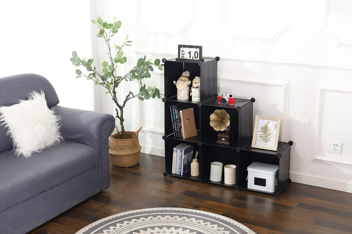 Cube Storage Organizer 6-Cube Closet Storage Shelves with Wooden Mallet,Closet Cabinet Bookshelf,Plastic Square Cube Storage for Home,Office, Kids Room,Black
