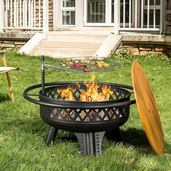 38 Inch Wood Burning Fire Pit for Outside, Round Firepit with Grill & Metal Lid