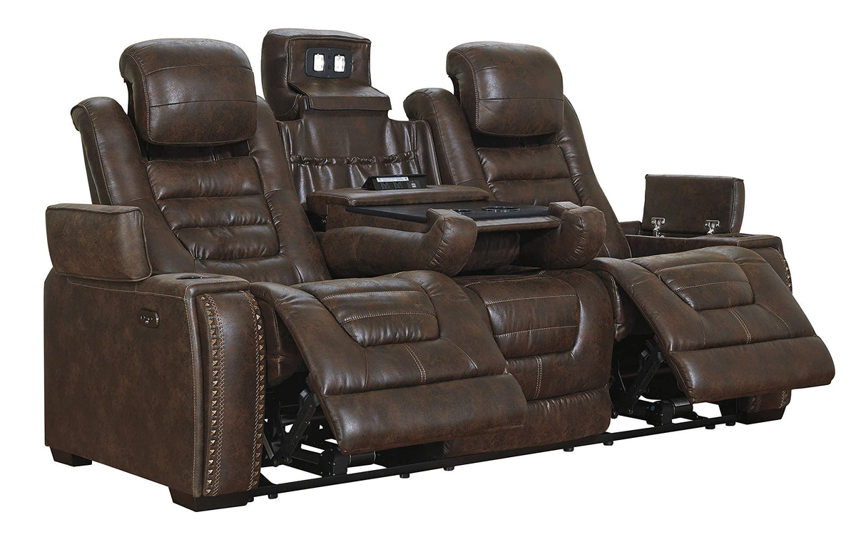 Game Zone Faux Leather Adjustable Power Reclining Sofa with Cup Holders and Storage, Brown