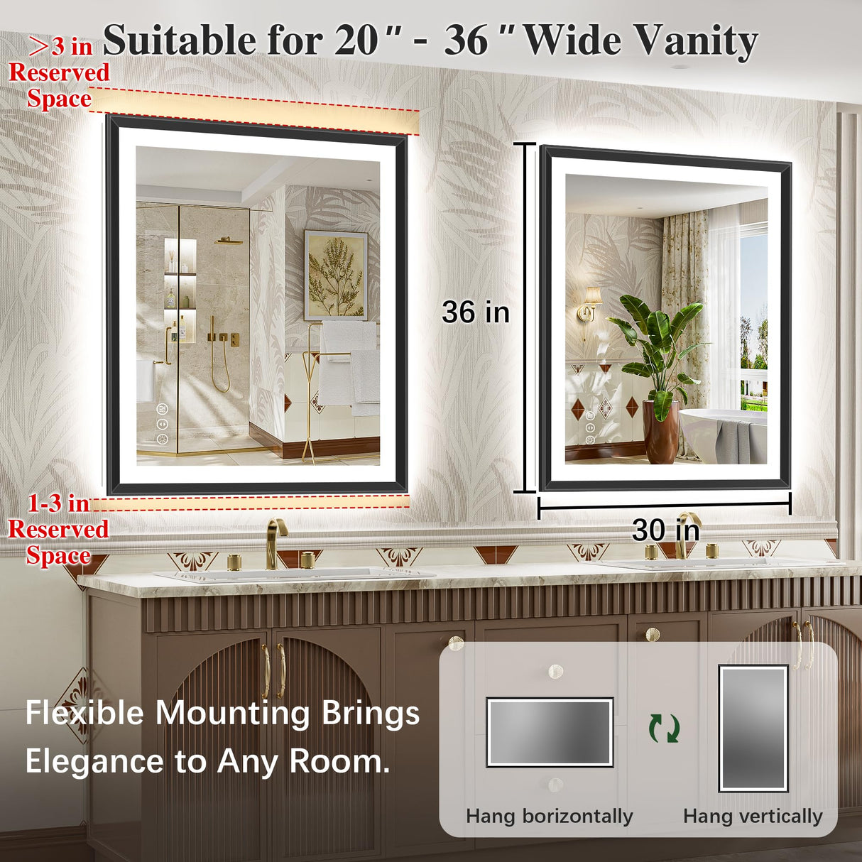 30x36 Black Framed LED Bathroom Mirror - Dimmable with Anti-Fog