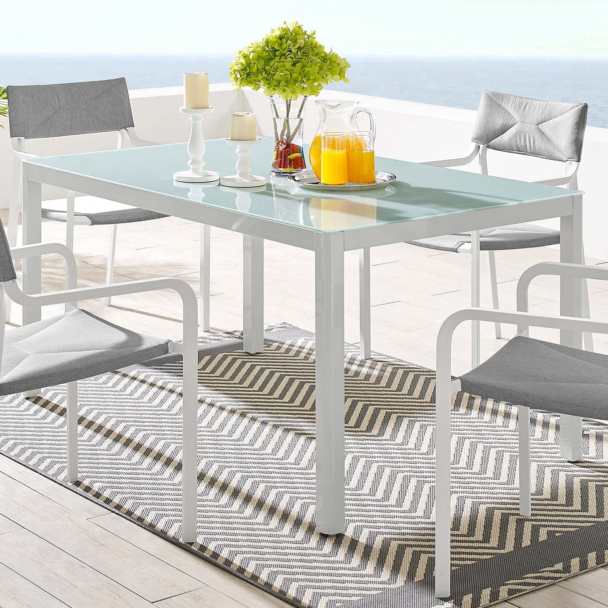 Raleigh Outdoor Dining Table - White Aluminum Frame with Slatted Top, 59" x 35.5"