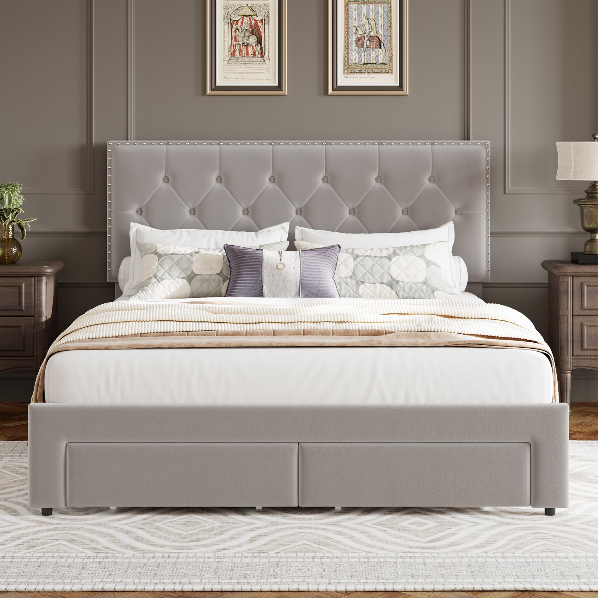 Upholstered Queen Bed Frame with 2 Storage Drawers, Velvet Platform Bed Frame