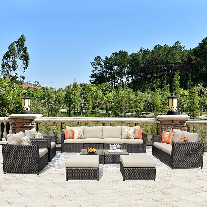 12 Pieces Patio Furniture Set, Outdoor Wicker Rattan Sectional Sofa Set with Comfy Cushions