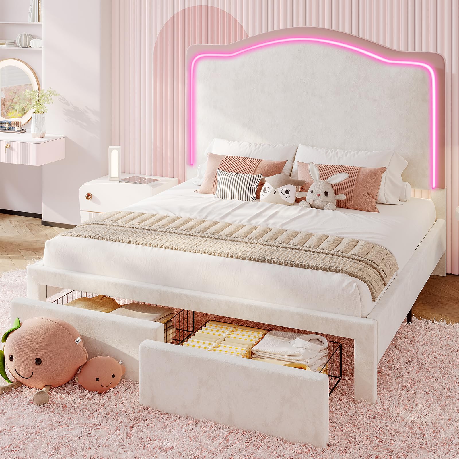 Bed Frame with 51" Adjustable Headboard, Upholstered Platform Bed with