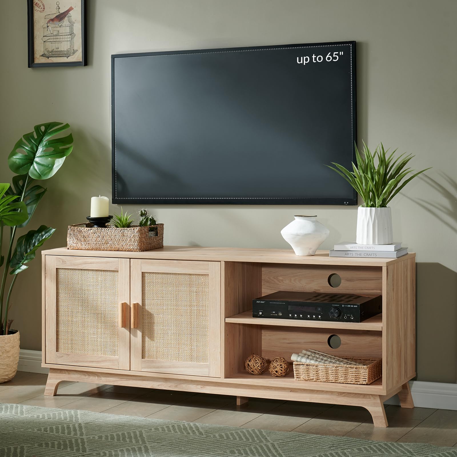 TV Consoles for Living Room, Mid Century Modern TV Stand for 65 Inch TV, Rattan