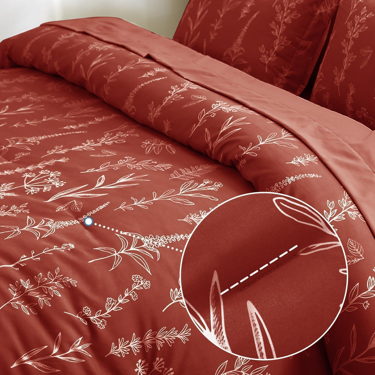 Terracotta Bed in a Bag Queen 7 Pieces, Queen Comforter Set Reversible Botanical Flowers Design,