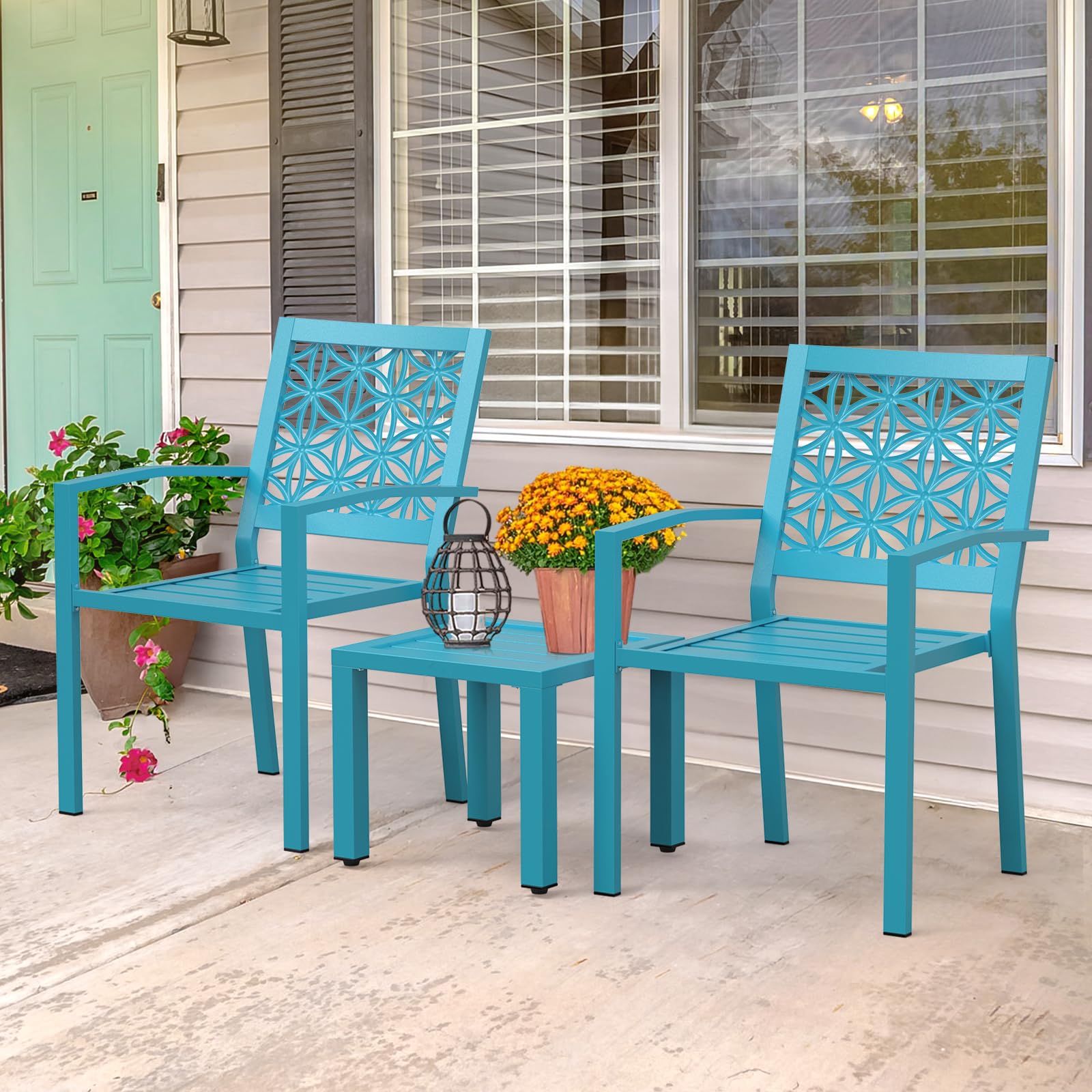 3-Piece Outdoor Bistro Set, Stackable Modern Metal Steel Table and Chairs