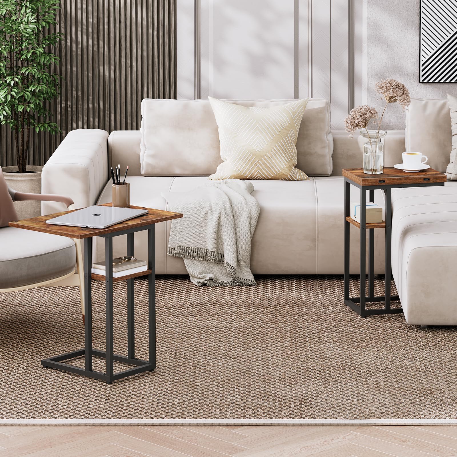 Foldable End Table, C Shaped Side Table with Storage Shelf, Small Snack Table Suitable