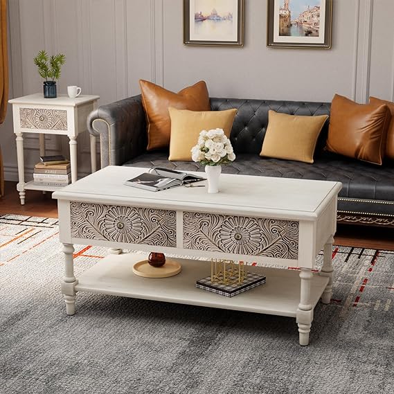 Round Coffee Table Set w Honeycomb Pattern Tabletop