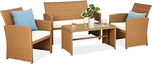 4-Piece Outdoor Wicker Patio Conversation Furniture Set for Backyard w/Coffee Table
